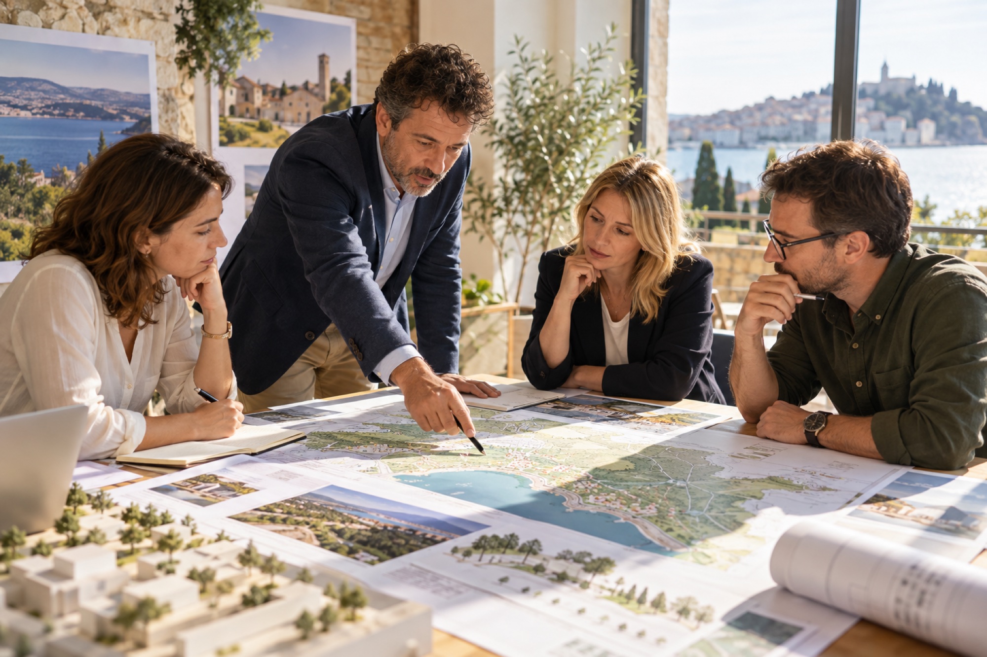 Equipo revisando un plan territorial y turístico