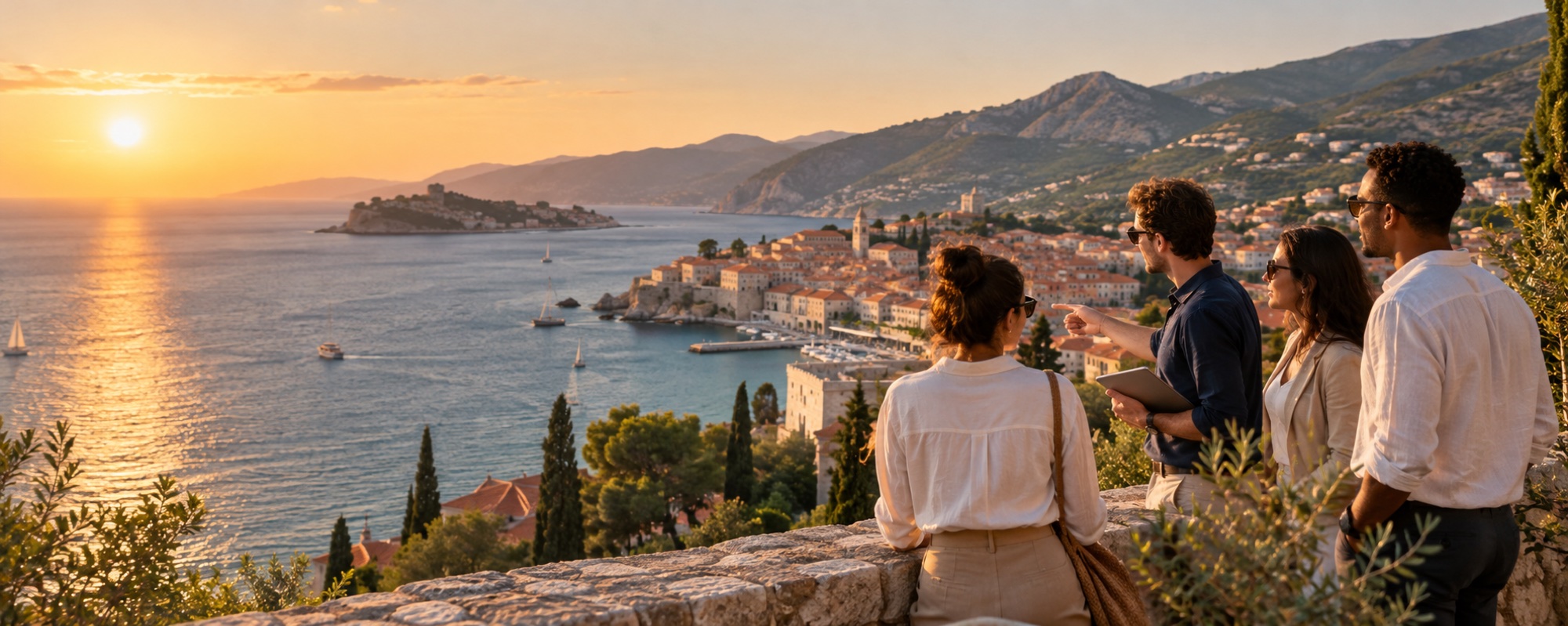Profesionales observan un destino turístico mediterráneo al atardecer
